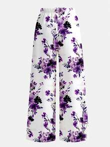 SHEIN 少女纯色T恤和印花长裤两件套，休闲日常时尚百搭夏季套装 - 彩色 - 查看 8
