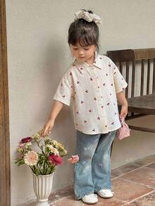 SHEIN 女童休闲舒适条纹领开襟宽松短袖镂空后背梭织衬衫 - 白色 - 查看 4