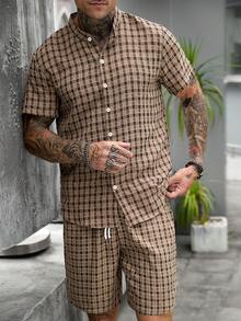 Manfinity CasualCool 男士夏季休闲格子衬衫套装 - 棕色 - 查看 3