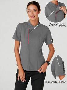 TaskEZ Women's Summer Contrast Piping Patch Pocket Short Sleeve Work Uniform - Grey - View 9