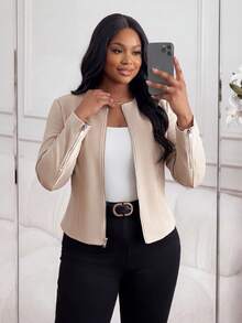 SHEIN Lady CURVE Áo khoác da lộn màu đen cỡ lớn cho nữ, thanh lịch cho trang phục đi làm hàng ngày và công sở - Màu be - Xem 3
