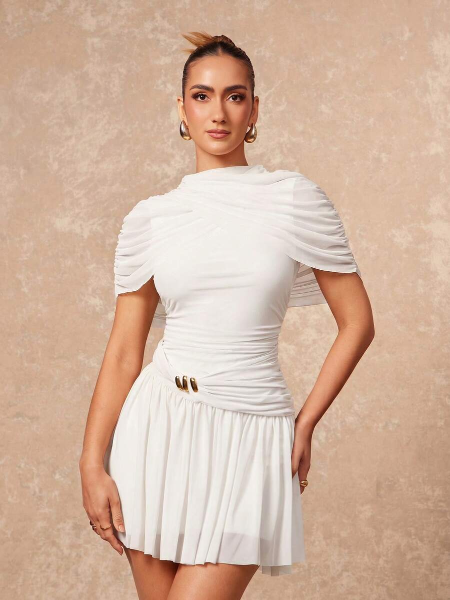 Lumalex Vestido corto elegante y sexy de mujer con cuello, sin mangas, fruncido y acampanado, en color albaricoque, para primavera/otoño - Blanco - Ver 1