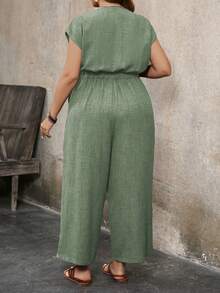 EMERY ROSE Plus Size Solid Color Front Button Simple Pocket Waist Jumpsuit, Casual Daily Wear - Army Green - View 2