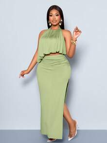 SOLERSUN Vestido de mujer talla grande con cuello halter y drapeado en un solo color - Adecuado para varias ocasiones. - Verde - Ver 2