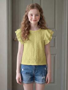 SHEIN Tween Girls Pale Yellow Textured Woven Round Neck Ruched Ruffle Trim Flutter Sleeve Fitted Cute Top,French Elegant Summer Vacation,Tea Party For Kids - Yellow - View 8