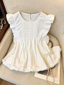SHEIN Franclia Áo kiểu nữ chấm bi tay bèo, áo cổ tròn xếp ly phía trước với viền bèo nhún, áo không tay dáng rộng mùa hè thích hợp mặc hàng ngày và công sở. - Nhiều màu - Xem 3