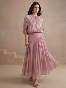 Anewsta Falda larga de cintura alta con pliegues, de tela brillante, estilo bohemio, versátil y casual para vacaciones - Rosa vieja - Ver 6