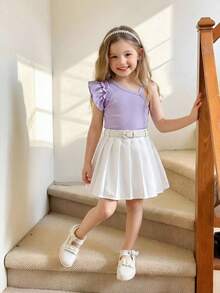 Nouveau design d'été pour jeune fille avec épaules obliques, Top en tricot jacquard à volants sans manches, assorti à une jupe plissée en tissu. Style décontracté chic, convient pour les loisirs, les trajets et les vacances. - Prune - Voir 2