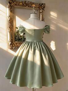Lovelzi Vestido de satén verde malaquita con hombros descubiertos y vuelo, de estilo vintage romántico y lindo para ocasiones formales, talla grande - verde menta - Ver 3