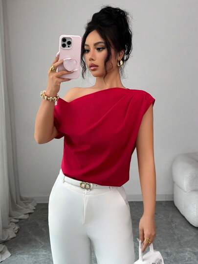 Elenzga Women's Solid Color Pleated Shoulder Design Fashion Blouse