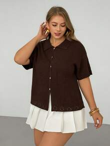 Auralis Cárdigan de punto con cuello de solapa de moda versátil para mujer de talla grande - Café integral - Ver 3