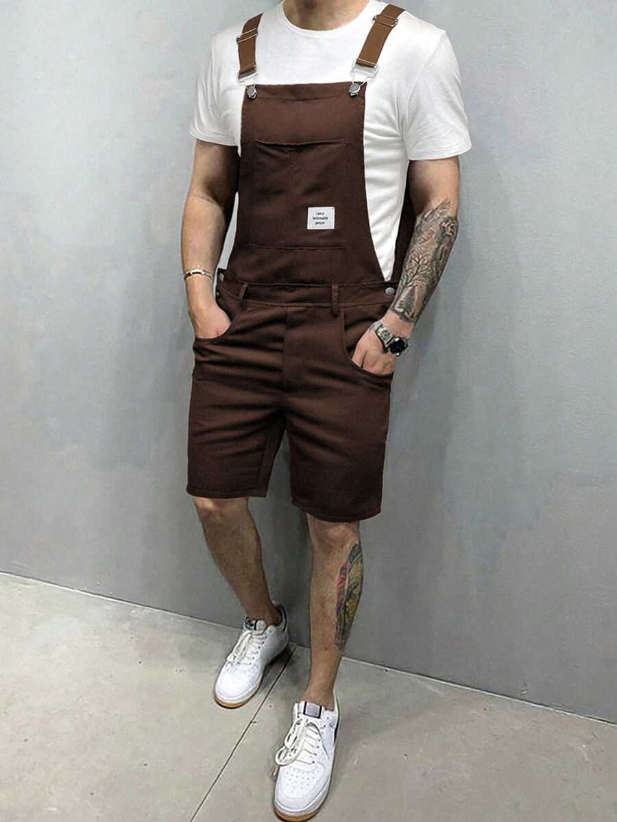 Manfinity Homme 男士字母印花口袋休闲背带短裤 - 咖啡棕 - 查看 1