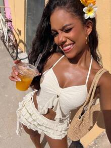 SHEIN Swim Neuer Frühling/Sommer weiß strukturierter Blume Muster Volant Saum Rock, süße Influencer Mode Strand Resort 3 Stücke Damen Bikini Set - Aprikosenfarben - Übersicht 2