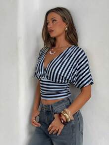 Aloruh Women's Deep V-Neck Striped All-Match Minimalist Versatile T-Shirt - Blue - View 6