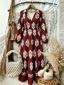 Breezaya Women's Elegant Vacation Dress, Burgundy Color With All-Over Floral Print, V-Neck, Long Sleeve, Waist Cinched, Flared Hem - Burgundy - View 8