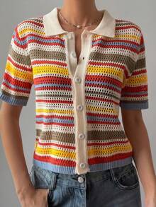 DAZY Women's Contrast Color Striped Pattern Front Button Short Sleeve Thin Cardigan Y2k Summer - Multicolor - View 4