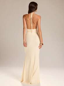 SHEIN BAE Đầm màu mơ cổ yếm, buộc dây, lưng hở, thắt eo, viền bèo nhún, lãng mạn cho các buổi hẹn hò, đám cưới, kỳ nghỉ biển, ngày Valentine. - Màu be - Xem 2