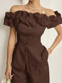 Conjunto de 2 piezas de top con hombros asimétricos y pantalones, elegante y de moda para mujer - Café integral - Ver 4