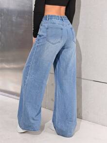 SHEIN Jeans anchos y sueltos de estilo casual y versátil para uso diario para adolescentes - Lavado ligero - Ver 2