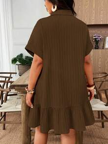 Weeklong Plus Size Women's Contrast Color Ruffle Trim Loose Shirt Dress, Bohemian Style Summer Beach Holiday Outfit - Brown - View 2