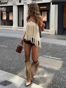 Firerie Elegantes, romantisches, zierliches Damen Strandurlaubs-/Musikfestival-/Party-/Sexy-Top in neuer Mode mit Metalldekor, Quasten, Trägerloses Rückenausschnitt, Aprikose, Strickpullover - Khaki - Übersicht 7
