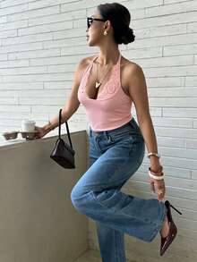 Cévolie Women's Summer New Elegant Sexy Fitted Lace Halter Neck Camisole Top Date Going Out Pink - Pink - View 6