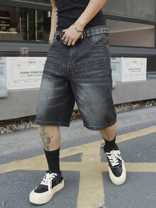 Manfinity Roghcode Plus Size Men's Casual Loose Fit Dark Grey Denim Shorts, Summer Adventure - Grey - View 1