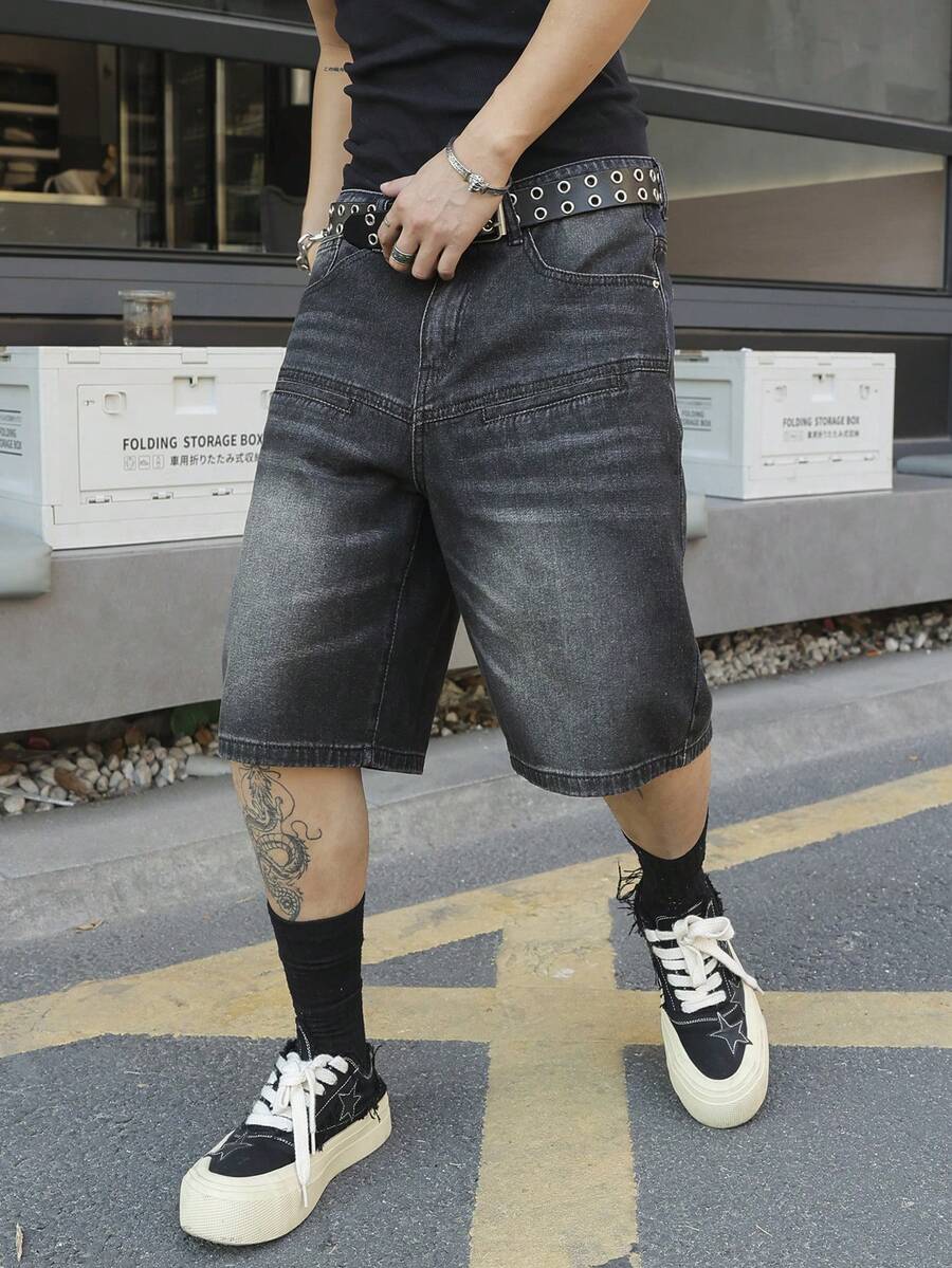 Manfinity Roghcode Plus Size Men's Casual Loose Fit Dark Grey Denim Shorts, Summer Adventure - Grey - View 1
