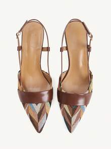 CUCCOO CHICEST 女款新款拼接腰帶尖頭法式優雅棕色高跟鞋 Slingback 穆勒鞋 通勤辦公 派對約會下午茶聚會 - 棕色 - 查看 2