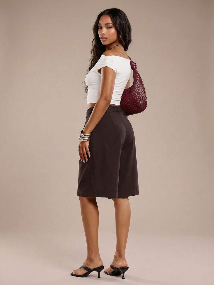 Short bermuda cargo à poches de couleur unie pour femmes - Tabac - Voir 2