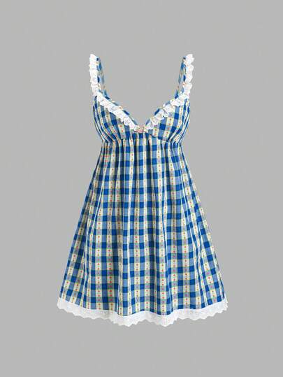 Sweetra Romantic French Princess Style Floral Strap Design Delicate Plaid Fabric Summer Dress, Soft And Gentle Elegant For Ladies