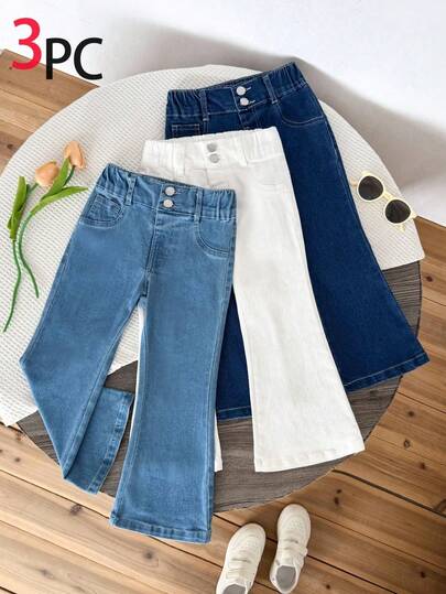 Genkimix Kids 3pcs Young Girls Denim Flare Pants Set, Includes Denim Pants + Solid Color Denim Pants, Slim Fit Stretchy, Casual Vacation & Street Fashion Style, Suitable For Spring/Summer Three Pairs Of Jeans Together For Girls Kids Flared Jeans
