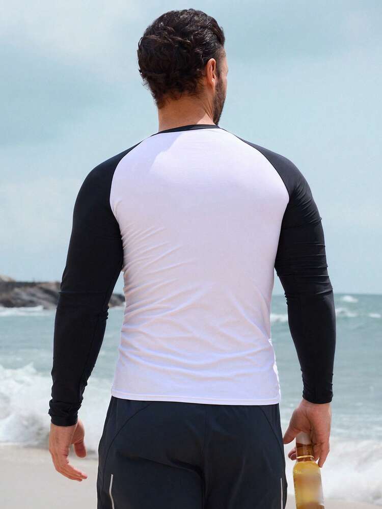 Color Block Letter Print Slim Fit Men's Rash Guard Vacation Summer