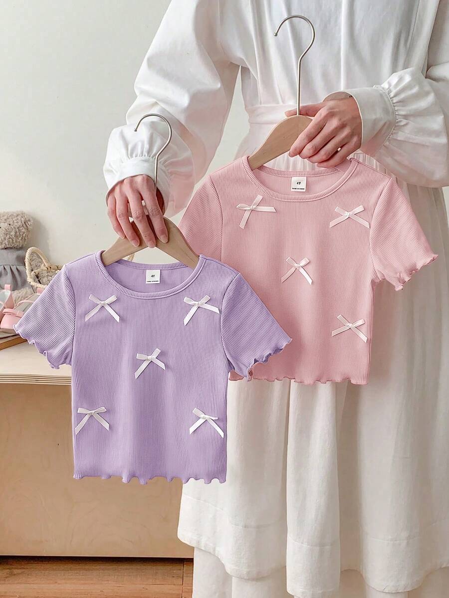 SHEIN LMoss Kids 2pcs/Set Young Girl Solid Color Round Neck Fitted Casual T-Shirts - Multicolor - View 1