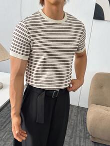 ESTAVOR Men's Casual Striped Crew Neck Short Sleeve T-Shirt, Summer - Apricot - View 3