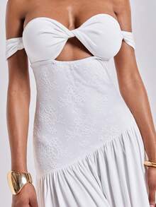 ROMWE Y2K Romantic Sexy White Waist Lace Off-Shoulder Hollow-Out Front Midi Dress For Summer Wedding Vacation - White - View 4