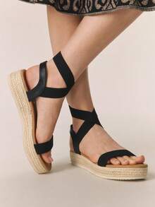 Styleloop Ladies Fashion Solid Color Woven Casual Platform Wedge Sandals, Upper Rubber Cross Strap Decorative Bohemian Vacation Retro Faxx Canvas Platform Ankle Strap Sandals, Western Style, Music Festival Party Clothing, Spring Summer Shoes Spring Break Easter, Holiday Atmosphere, Summer Wear, Travel Essentials Summer Shoes - Black 1 - View 2