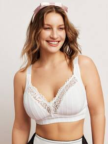 Elorette 1pc Plus Size Lace Patchwork Wireless Bra - White - View 5