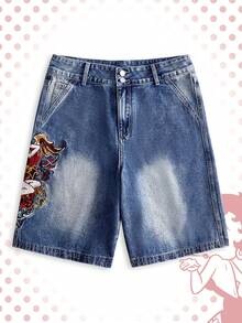 ROMWE MEN Betty Boop | ROMWE Short en jean polyvalent et décontracté pour hommes avec broderie d'ange et poche - Bleu azur - Voir 2