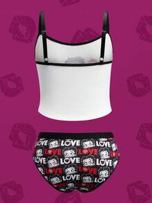 Betty Boop x SHEIN Plus Size Letter & Cartoon Character Print Camisole And Panty Lingerie Set - Black and White - View 2