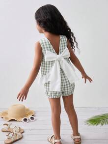 SHEIN 两件套女童格子圆领荷叶边下摆上衣和短裤套装 - 綠色 - 查看 4