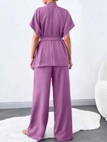 SHEIN Tall 女款純色蝙蝠袖繫帶上衣與寬腿褲套裝，適合高個女性 - 藕粉色 - 查看 2