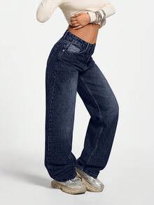 SHEIN PETITE Petite LOW WAIST CASUAL STYLE DENIM STRAIGHT Back-To-School School Dark Blue Autumn - Dark Wash - View 6