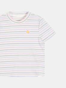SUMWON Camiseta de punto acanalado con rayas horizontales multicolor pastel y aplicación de flor en el cuello redondo, de manga corta, para primavera y verano - Multicolor - Ver 4