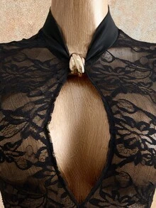 Mistrie 女士优雅蕾丝刺绣金属装饰镂空性感开衩连衣裙 - 黑色 - 查看 3