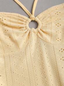 Sweetra Cute Retro French Style Romper,Pale Yellow Summer Vacation Holiday Strapless Tie Front Ring Detail Double Ruffle Hem Cake Skirt Perforated Fabric - Yellow - View 4