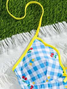 Swim Mod Women's Cute White Gingham Check Floral Bow V-Wavy Neck Swimwear Top Tie-Side Bikini Bottom 2pcs Tankini Set For Summer Holiday,Pool Party Golf - Multicolor - View 8