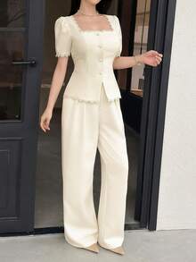 Feyla Women's Lace Patchwork Square Collar Top And Pants Casual 2 Pieces Set - Apricot - View 4