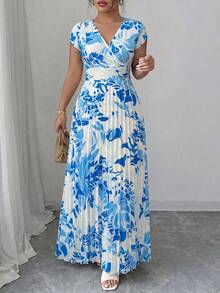 Elenzga Plus Size Women's Elegant Floral V-Neck Short Sleeve Flowing Dress, Spring/Summer - Blue - View 5