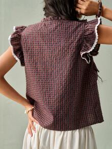 SoleilVie 女士夏季多色格子荷叶边袖口衬衫，女士夏季多色格子荷叶边袖口休闲衬衫，女士夏季多色格子荷叶边袖口衬衫，女士休闲多色格子荷叶边袖口衬衫，女士优雅多色格子荷叶边袖口衬衫，女士休闲多色格子荷叶边袖口衬衫，女士通勤多色格子荷叶边袖口衬衫，女士休闲多色格子荷叶边袖口衬衫 - 彩色 - 查看 2